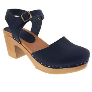 Elegant Navy Mules with Wooden Heel